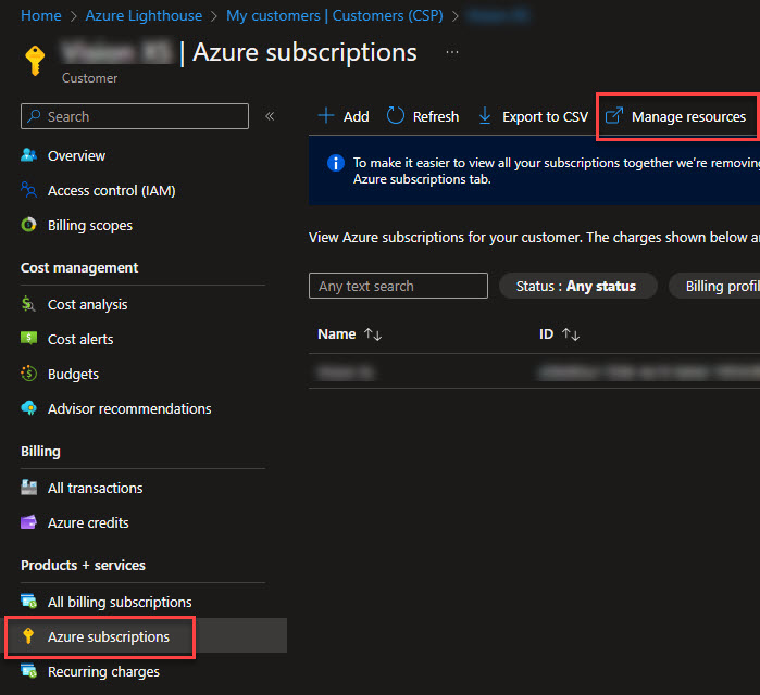 Screenshot of the Azure Portal showing how to access Customers Azure resources