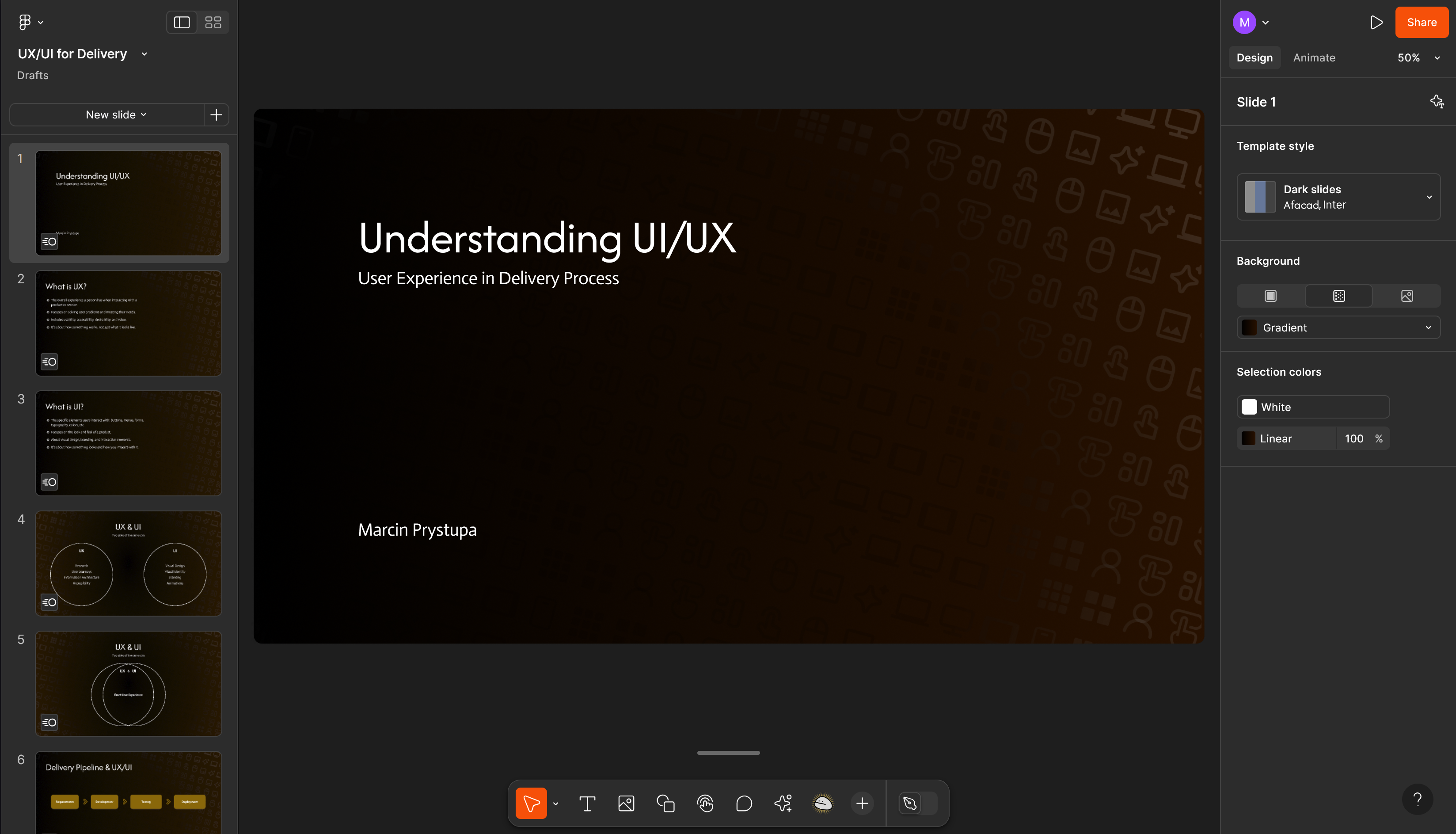 Figma slide deck titled "Understanding UI/UX – User Experience in Delivery Process" with a dark gradient background and slides visible in the left panel