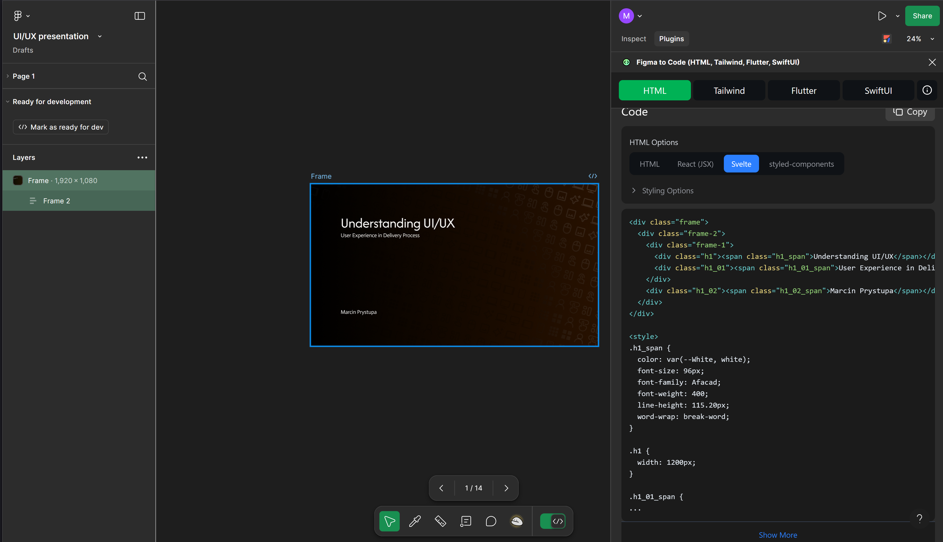 Figma slide titled "Understanding UI/UX" with Dev Mode enabled and the Figma to Code plugin open, showing generated HTML structure on the right side