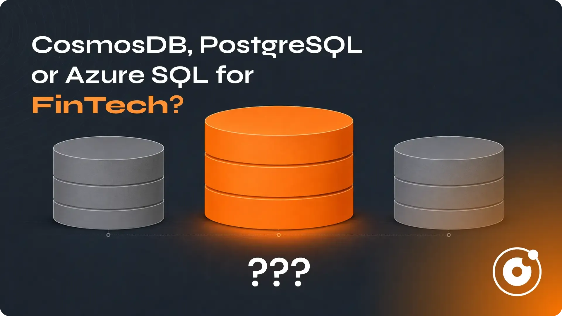 An illustration of three database options with the centre one highlighted in orange and marked with a question mark, for an article on choosing an Azure database for FinTech.