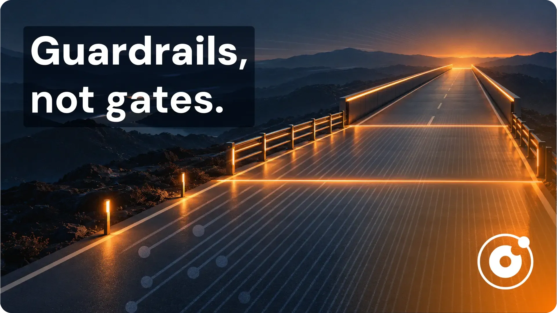 A path with three sections, each lined by firmer guardrails than the last, representing sandbox, pilot and production stages of AI governance, with the headline "Guardrails, not gates."