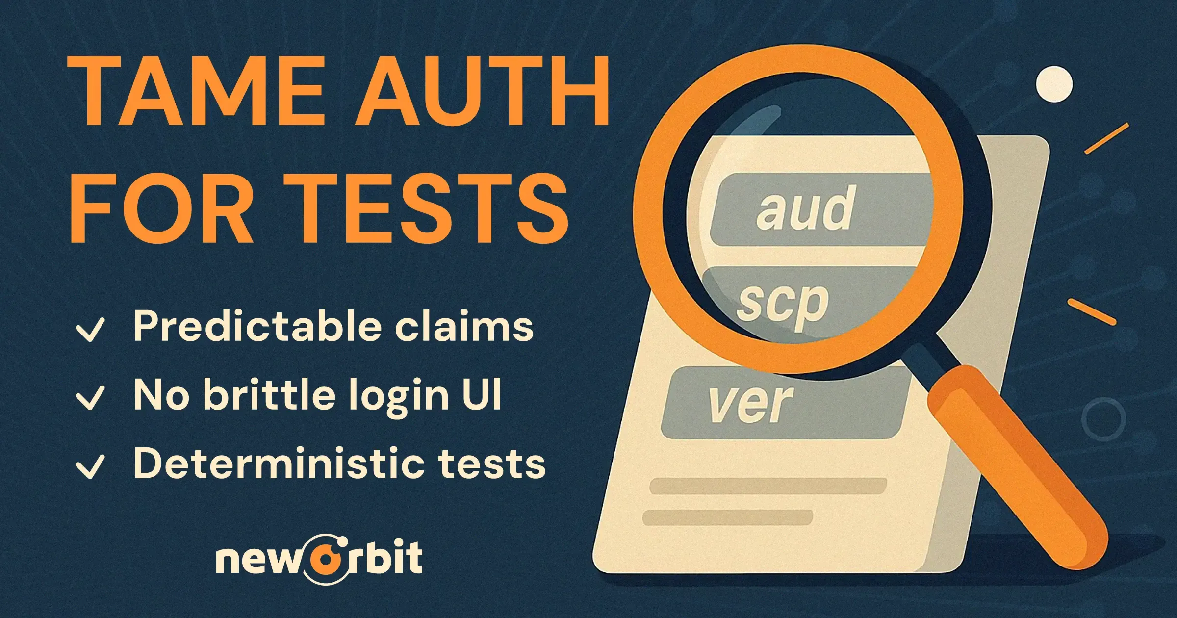 Illustration showing a magnifying glass examining a JWT token with highlighted claims labelled aud, scp, and ver. On the left, bold text reads “TAME AUTH FOR TESTS” with a checklist: “Predictable claims”, “No brittle login UI”, and “Deterministic tests.” The NewOrbit logo appears at the bottom.