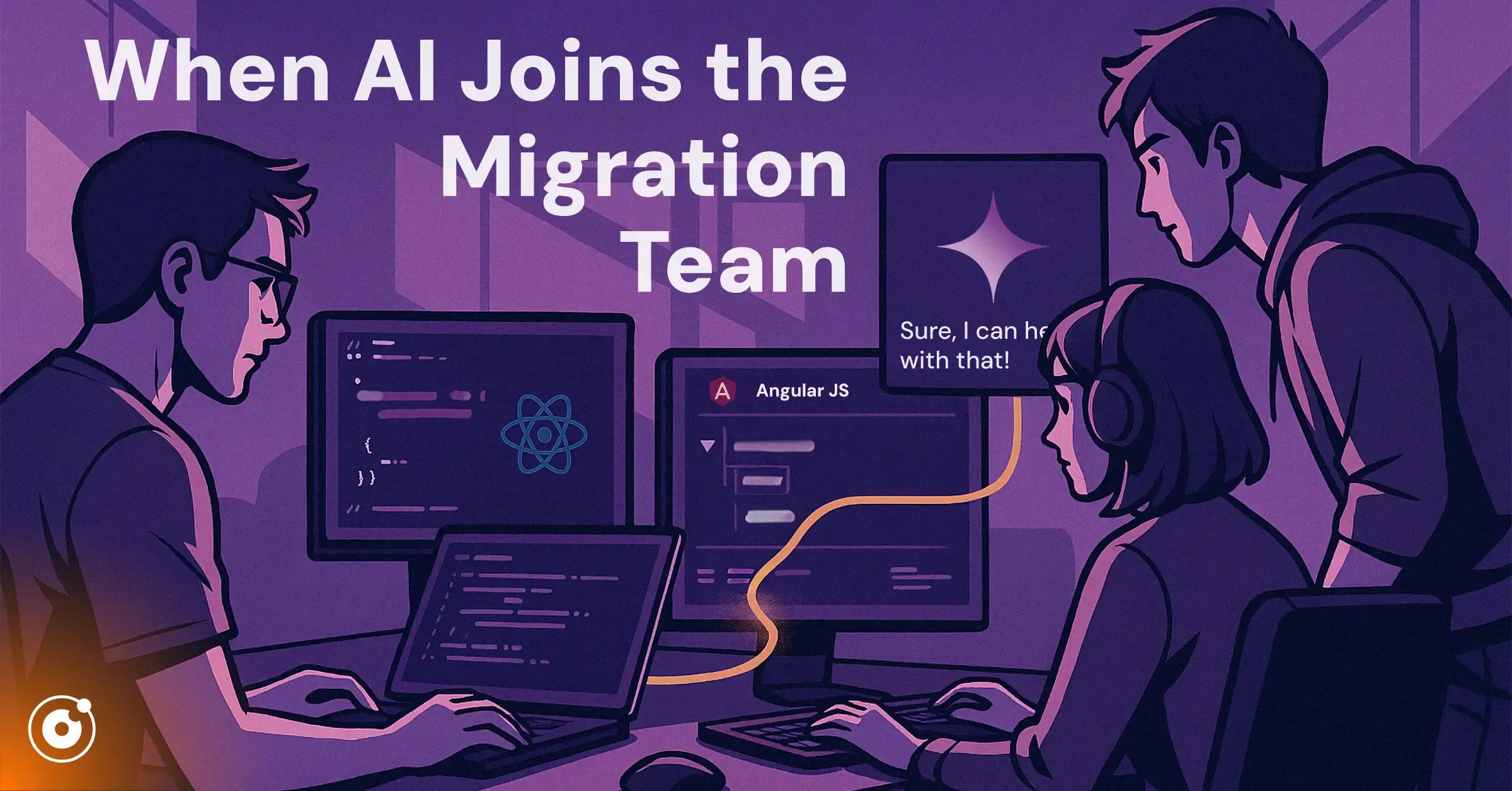 Illustration of software developers collaborating with an AI assistant during a code migration from AngularJS to React — symbolising human-AI teamwork and smart automation.