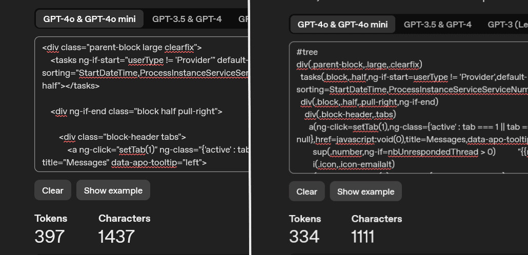 Screenshot comparison showing AngularJS template code on the left and its simplified DSL representation on the right — illustrating how code is compressed before being processed by AI.