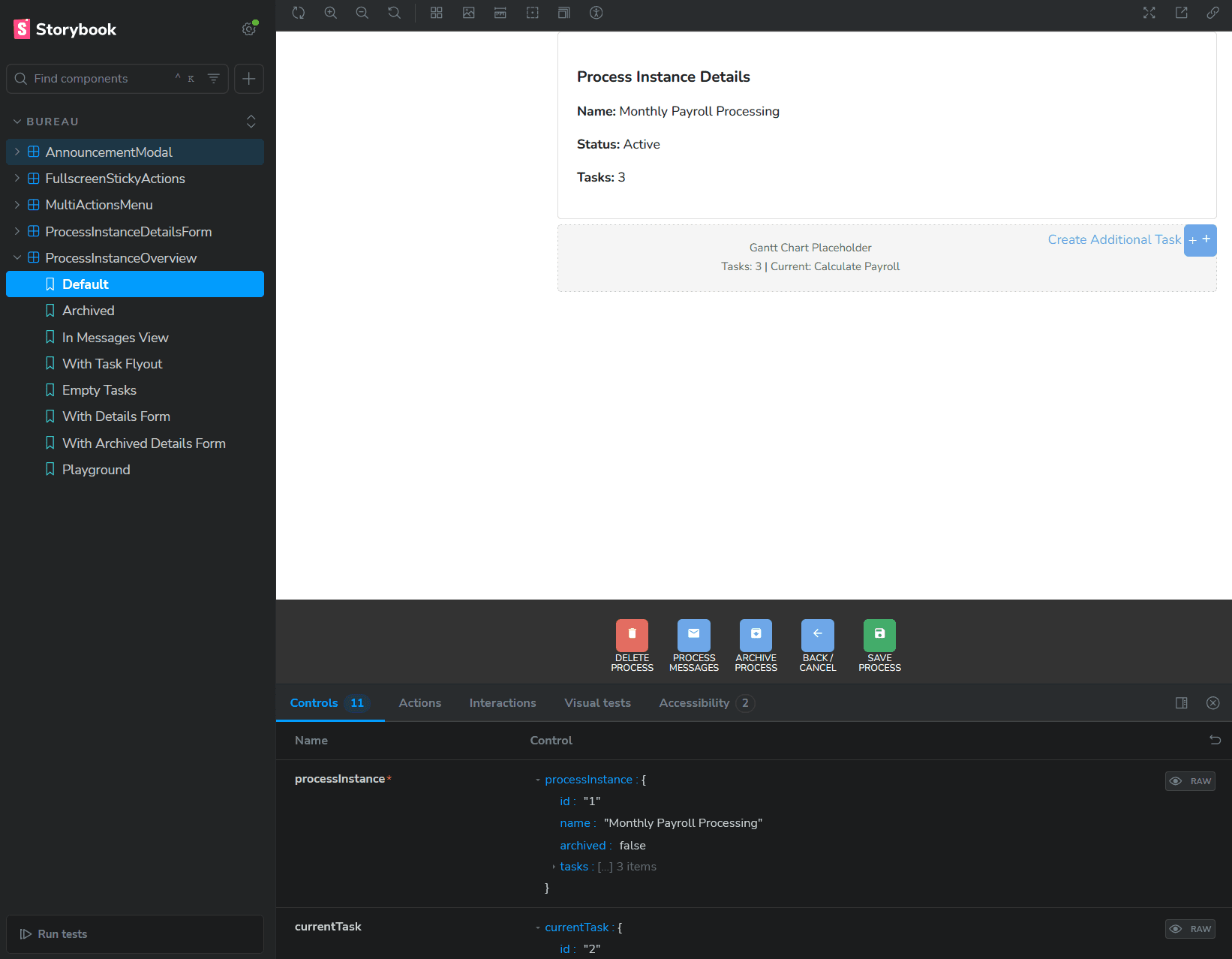 Storybook interface displaying migrated React components with live controls and test states — demonstrating how visual validation supports AI-generated code refinement.